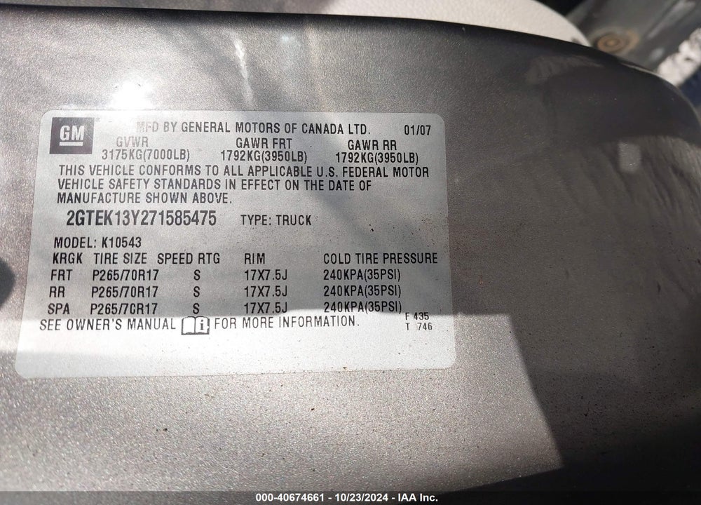 2007 GMC SIERRA 1500 SLT VIN: 2GTEK13Y271585475