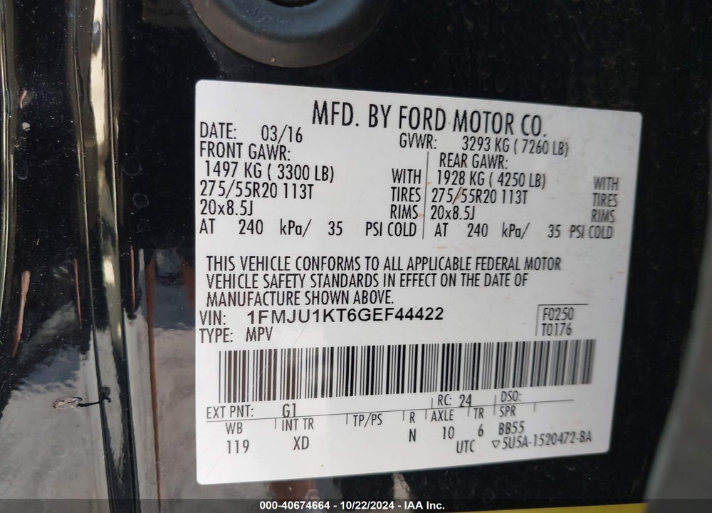 2016 FORD EXPEDITION LIMITED VIN: 1FMJU1KT6GEF44422