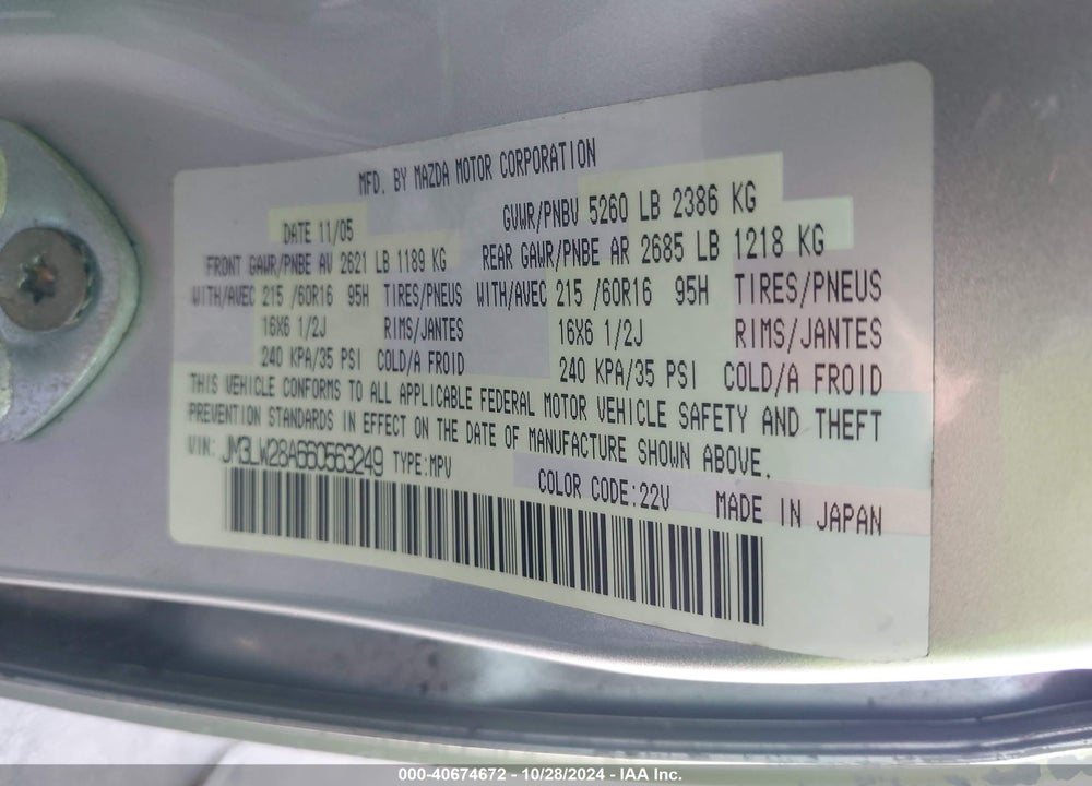 2006 MAZDA MPV LX VIN: JM3LW28A660563249