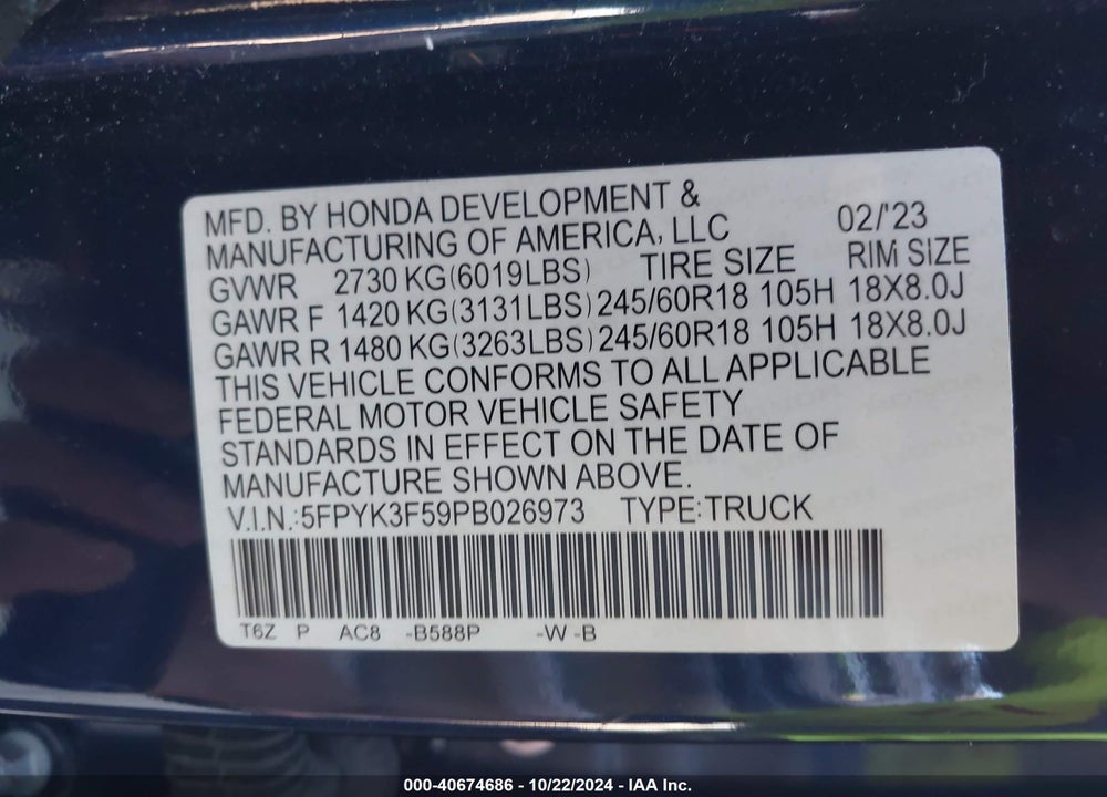 2023 HONDA RIDGELINE VIN: 5FPYK3F59PB026973