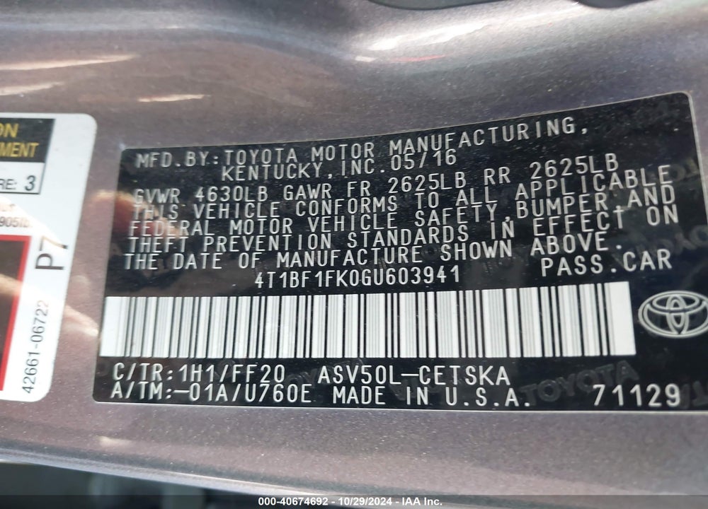 2016 TOYOTA CAMRY SE VIN: 4T1BF1FK0GU603941