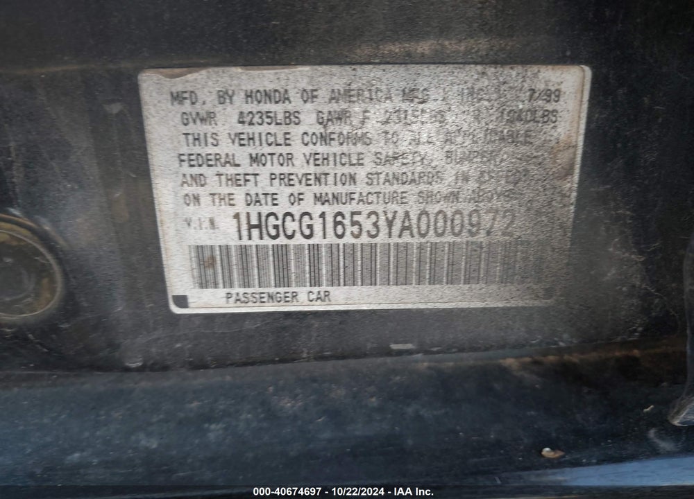 2000 HONDA ACCORD 3.0 EX VIN: 1HGCG1653YA000972