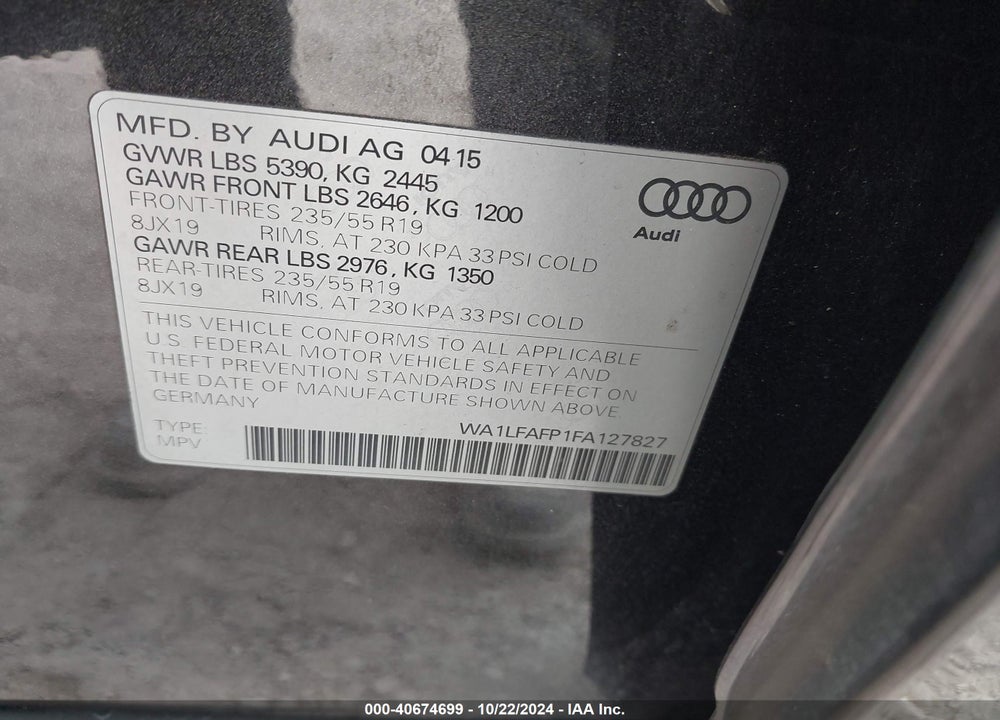 2015 AUDI Q5 2.0T PREMIUM VIN: WA1LFAFP1FA127827