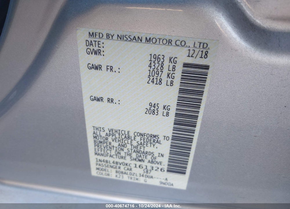 2019 NISSAN ALTIMA 2.5 S VIN: 1N4BL4BV0KC161326