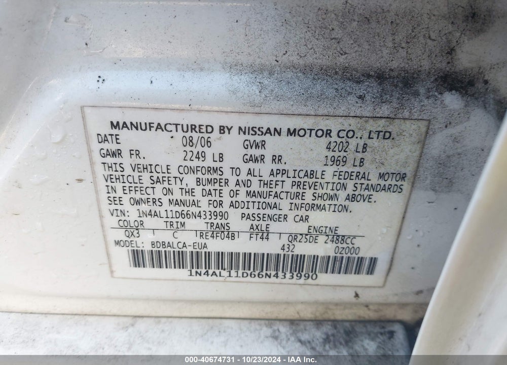 2006 NISSAN ALTIMA 2.5 S VIN: 1N4AL11D66N433990