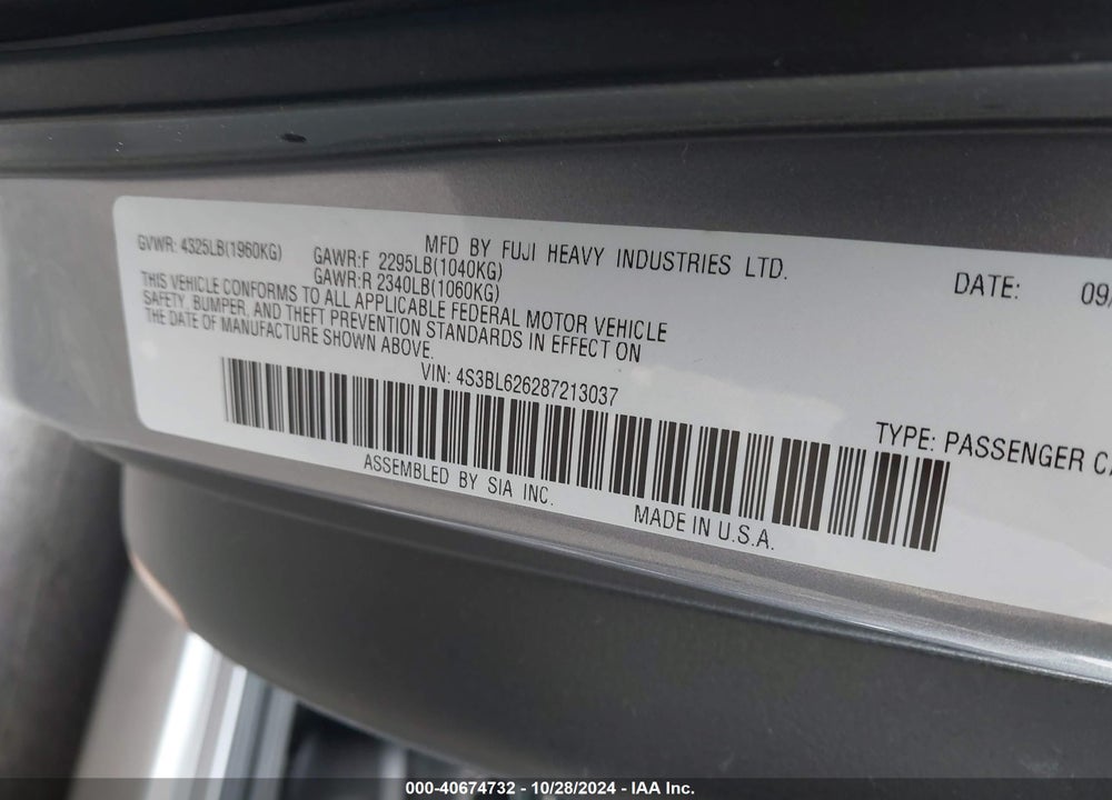 2008 SUBARU LEGACY 2.5I LIMITED VIN: 4S3BL626287213037