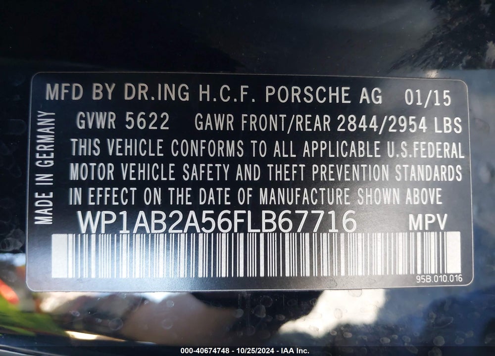 2015 PORSCHE MACAN S VIN: WP1AB2A56FLB67716