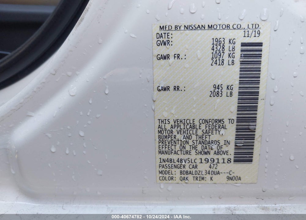 2020 NISSAN ALTIMA S FWD VIN: 1N4BL4BV5LC199118