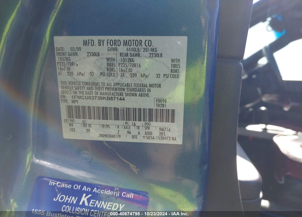 2009 FORD ESCAPE XLT VIN: 1FMCU03739KB87144