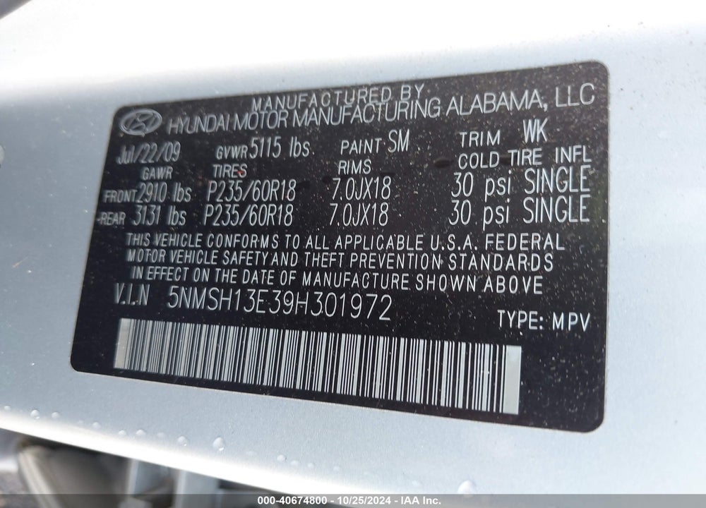 2009 HYUNDAI SANTA FE LIMITED VIN: 5NMSH13E39H301972