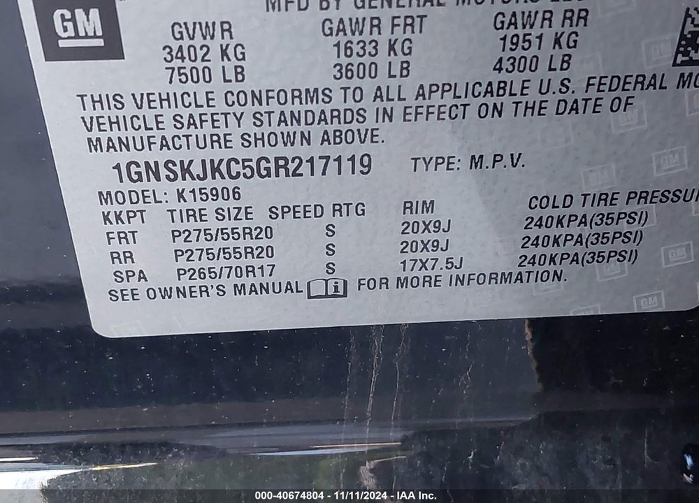 2016 CHEVROLET SUBURBAN LTZ VIN: 1GNSKJKC5GR217119