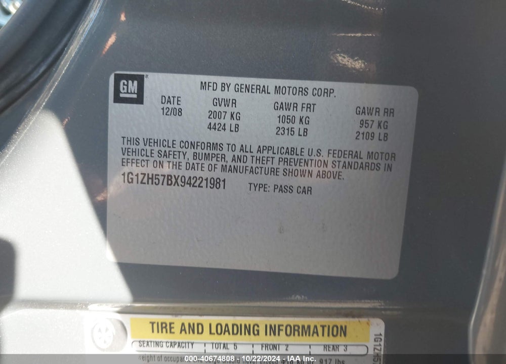 2009 CHEVROLET MALIBU LT VIN: 1G1ZH57BX94221981
