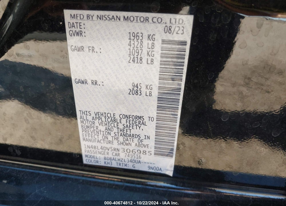 2024 NISSAN ALTIMA SV FWD VIN: 1N4BL4DV5RN306985