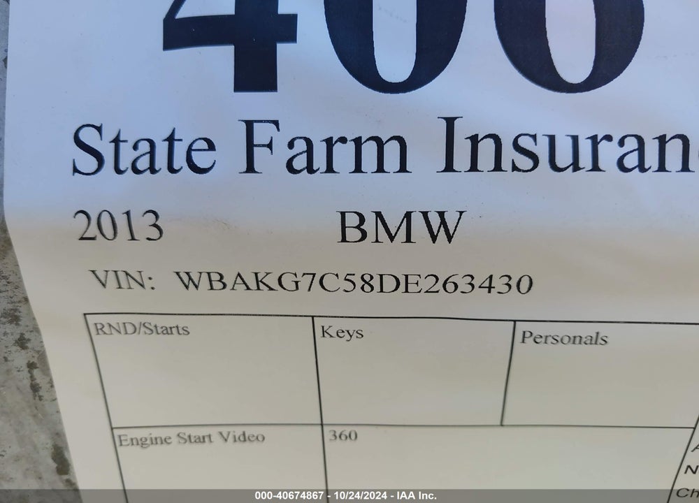 2013 BMW 335I VIN: WBAKG7C58DE263430