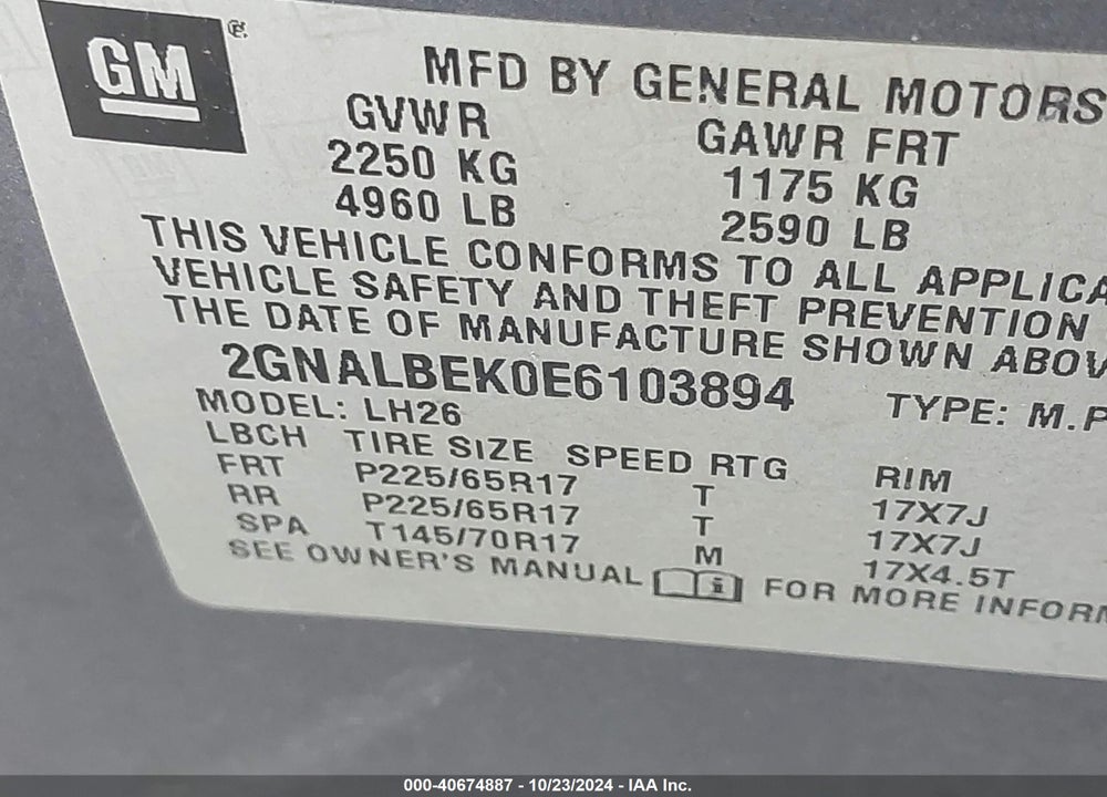 2014 CHEVROLET EQUINOX 1LT VIN: 2GNALBEK0E6103894