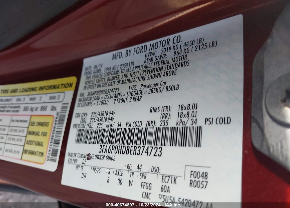 2014 FORD FUSION SE VIN: 3FA6P0HD8ER374723