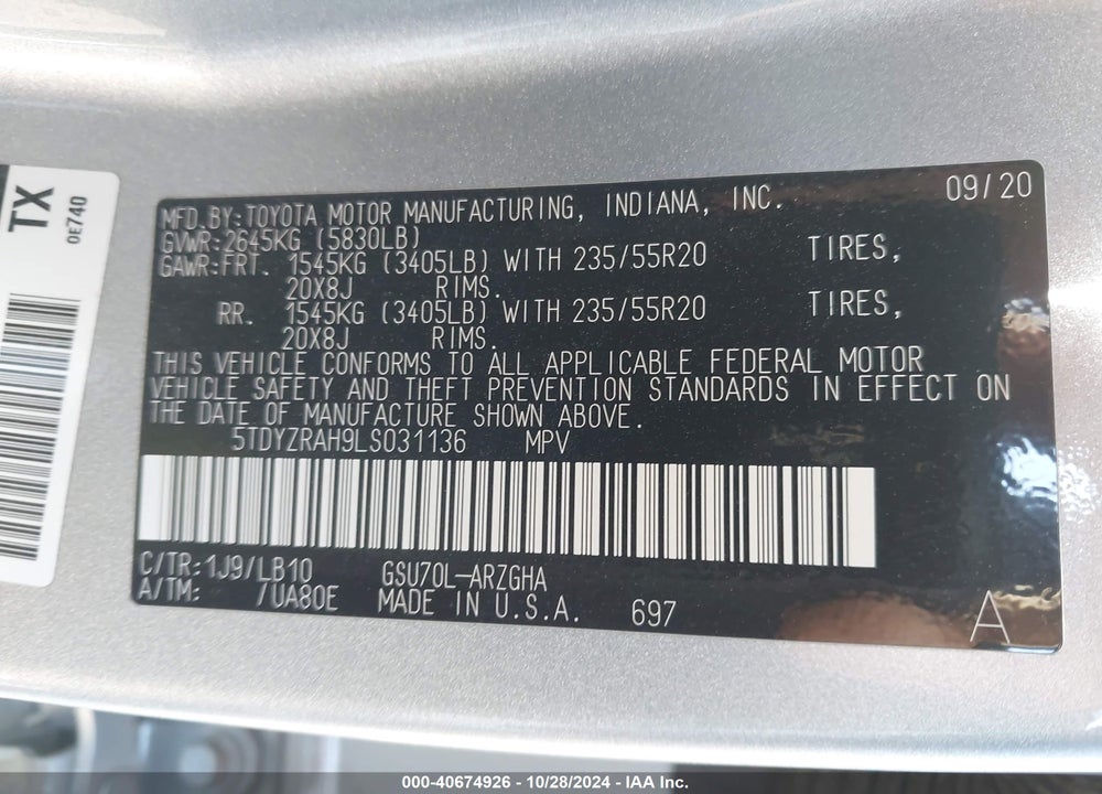 2020 TOYOTA HIGHLANDER LIMITED VIN: 5TDYZRAH9LS031136