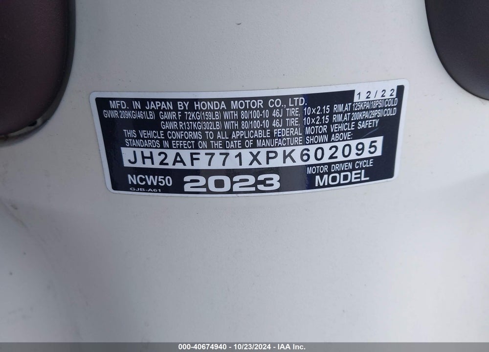 2023 HONDA NCW50 VIN: JH2AF771XPK602095
