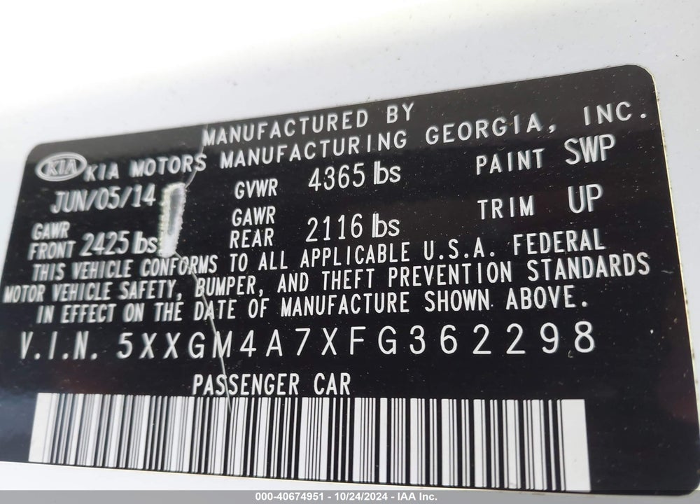 2015 KIA OPTIMA LX VIN: 5XXGM4A7XFG362298