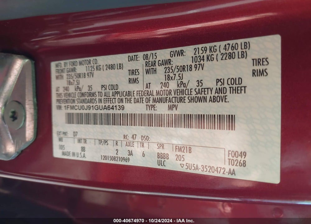 2016 FORD ESCAPE TITANIUM VIN: 1FMCU0J91GUA64139