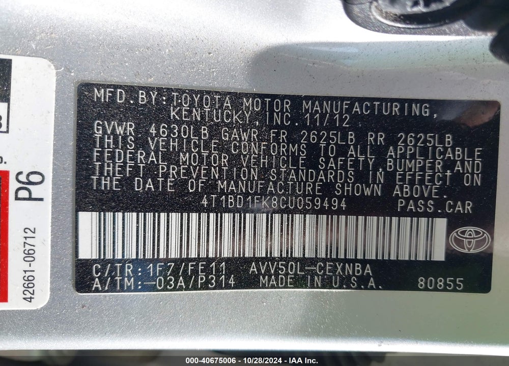 2012 TOYOTA CAMRY HYBRID LE VIN: 4T1BD1FK8CU059494