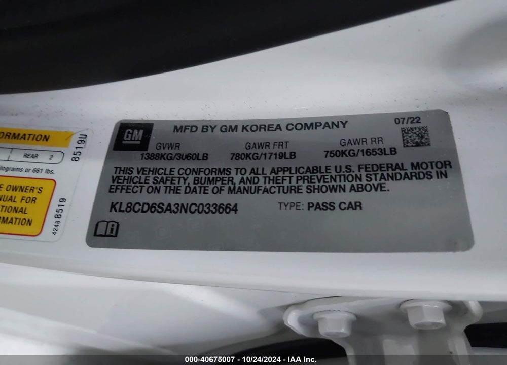 2022 CHEVROLET SPARK VIN: KL8CD6SA3NC033664