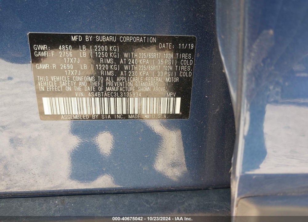 2020 SUBARU OUTBACK PREMIUM VIN: 4S4BTAEC3L3135934