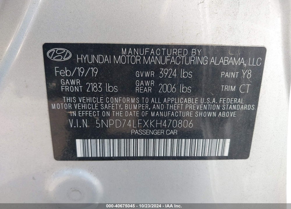 2019 HYUNDAI ELANTRA SE VIN: 5NPD74LFXKH470806