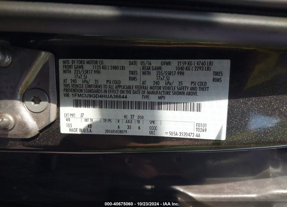 2017 FORD ESCAPE SE VIN: 1FMCU9GD4HUA36644