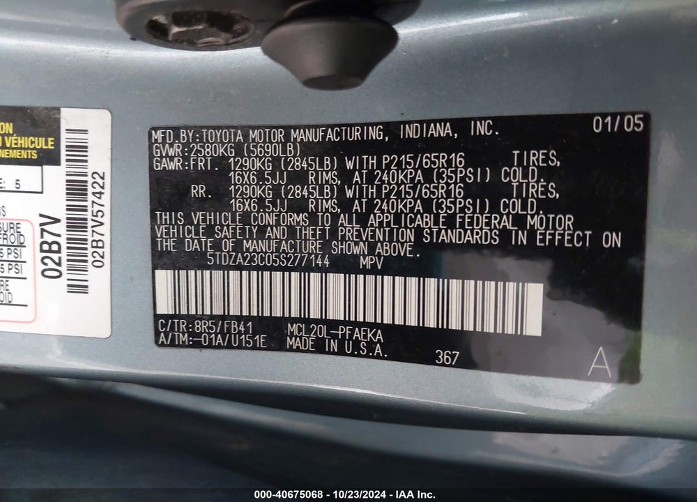 2005 TOYOTA SIENNA LE VIN: 5TDZA23C05S277144