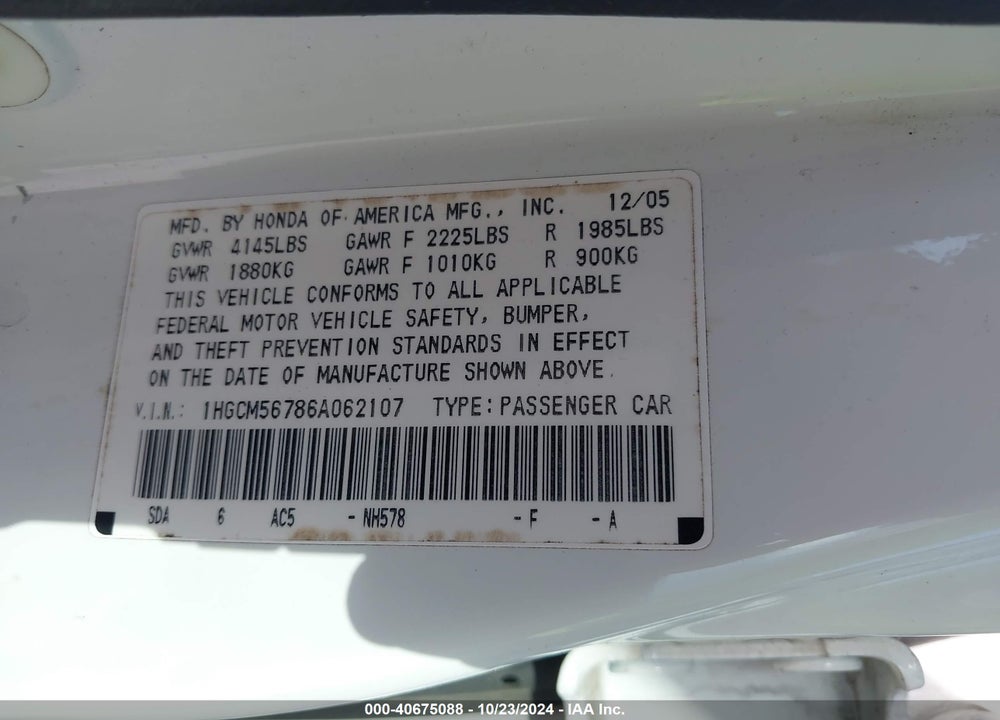 2006 HONDA ACCORD 2.4 EX VIN: 1HGCM56786A062107