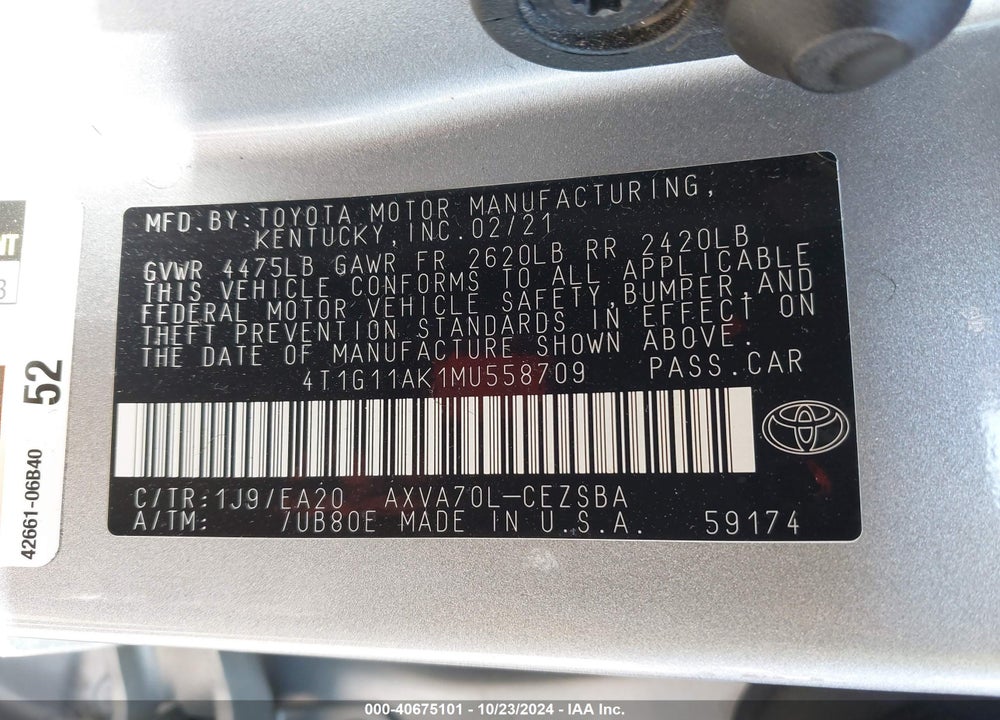 2021 TOYOTA CAMRY SE VIN: 4T1G11AK1MU558709