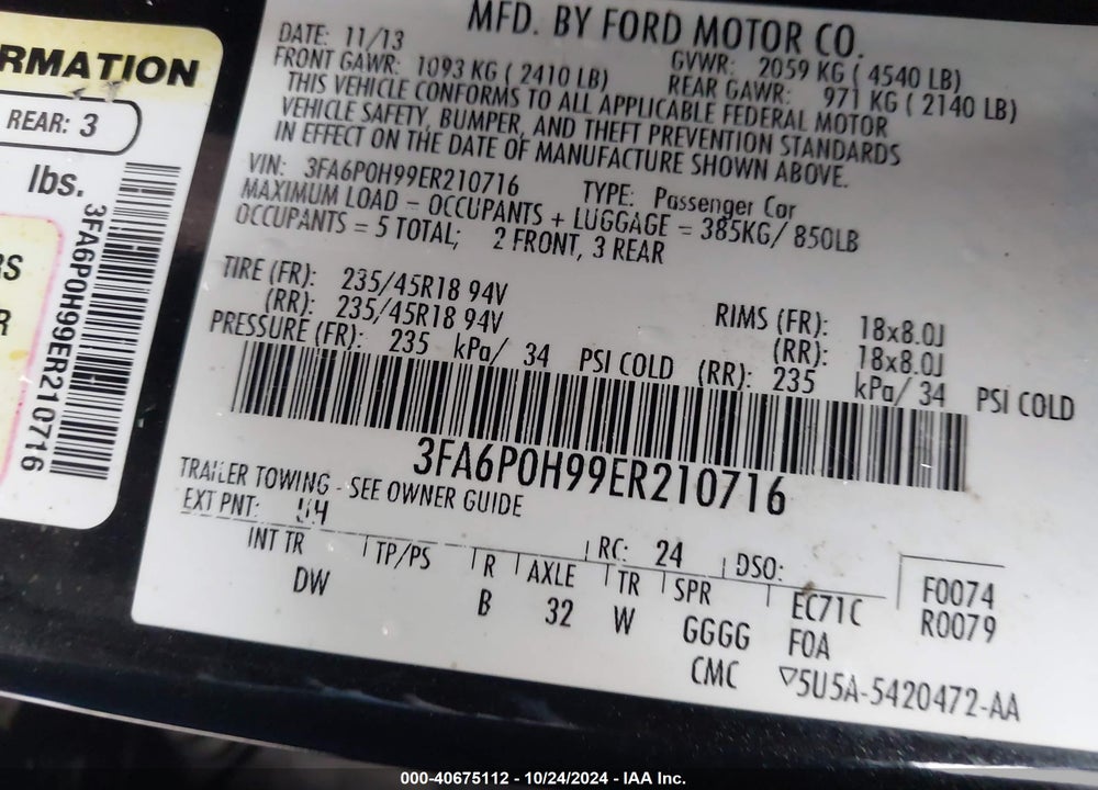 2014 FORD FUSION SE VIN: 3FA6P0H99ER210716