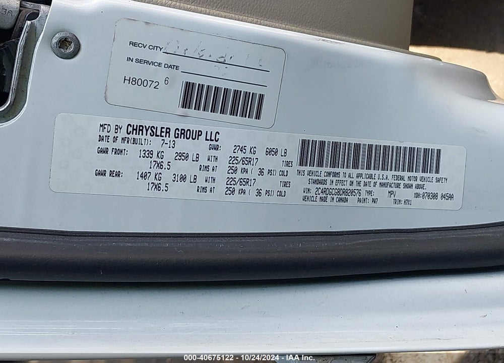 2013 DODGE GRAND CARAVAN SXT VIN: 2C4RDGCG8DR820576