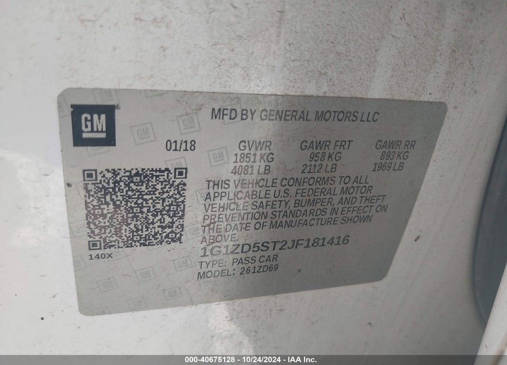 2018 CHEVROLET MALIBU LT VIN: 1G1ZD5ST2JF181416