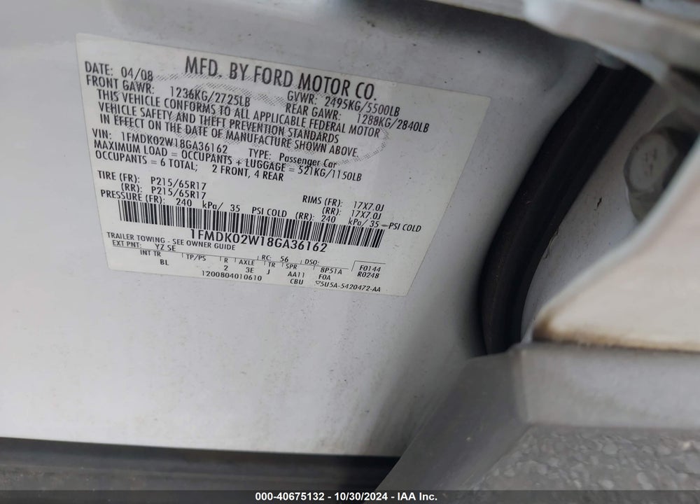 2008 FORD TAURUS X SEL VIN: 1FMDK02W18GA36162
