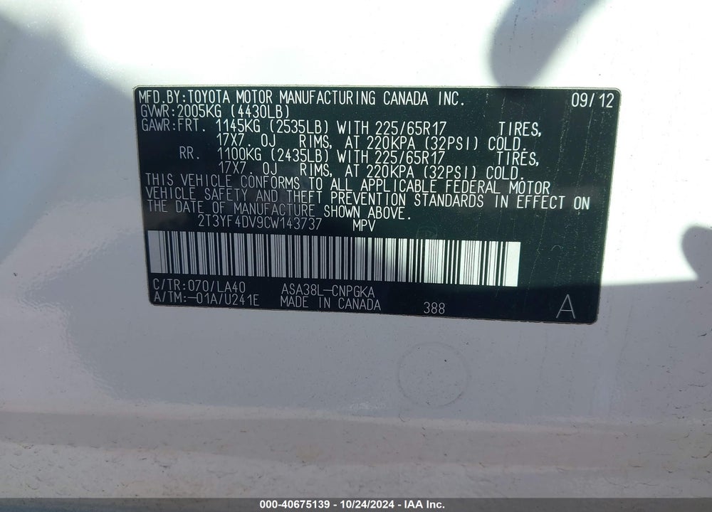 2012 TOYOTA RAV4 LIMITED VIN: 2T3YF4DV9CW143737