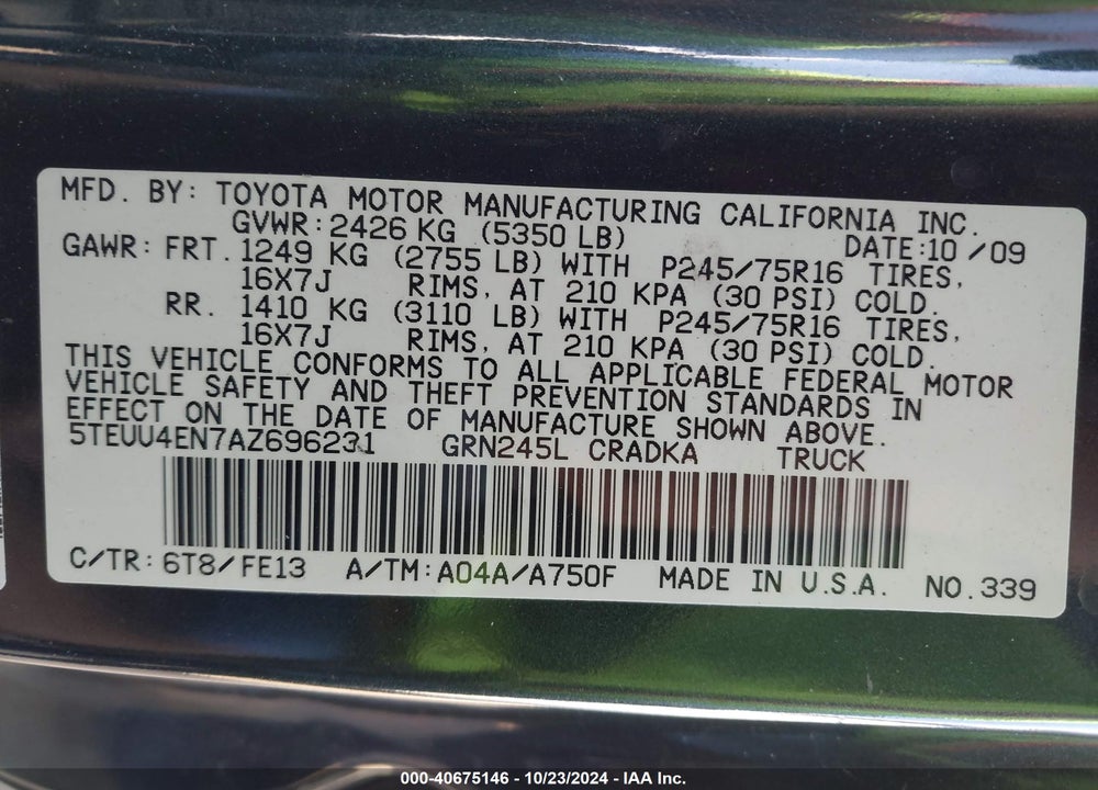 2010 TOYOTA TACOMA BASE V6 VIN: 5TEUU4EN7AZ696231