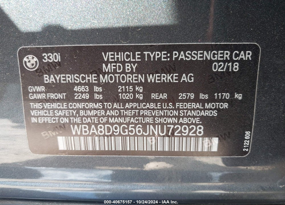 2018 BMW 330I XDRIVE VIN: WBA8D9G56JNU72928