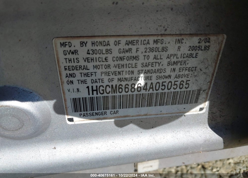 2004 HONDA ACCORD 3.0 EX VIN: 1HGCM66864A050565