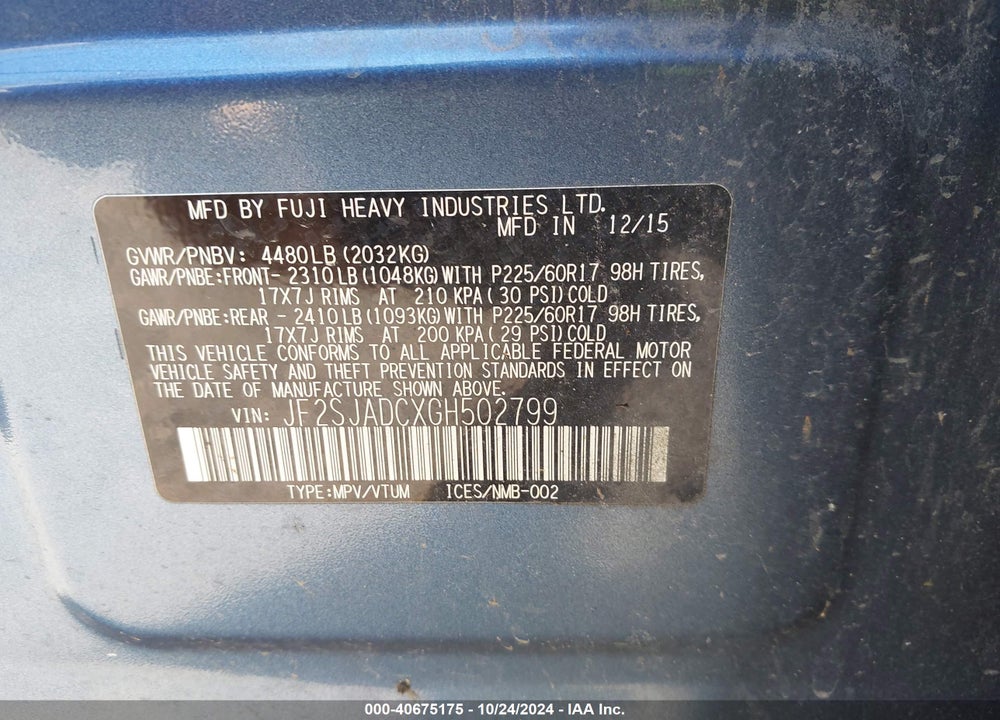 2016 SUBARU FORESTER 2.5I PREMIUM VIN: JF2SJADCXGH502799