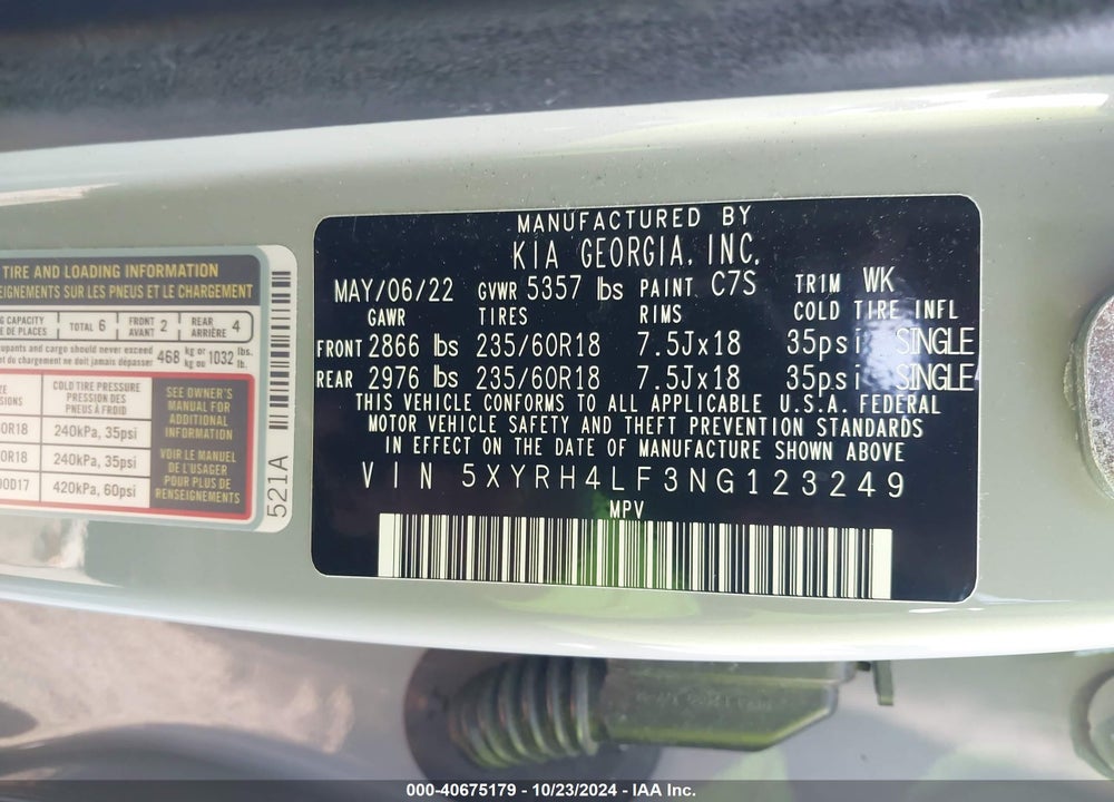 2022 KIA SORENTO EX VIN: 5XYRH4LF3NG123249