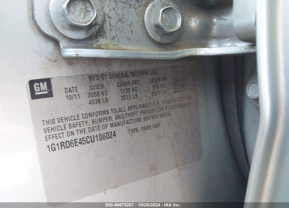 2012 CHEVROLET VOLT VIN: 1G1RD6E45CU106024