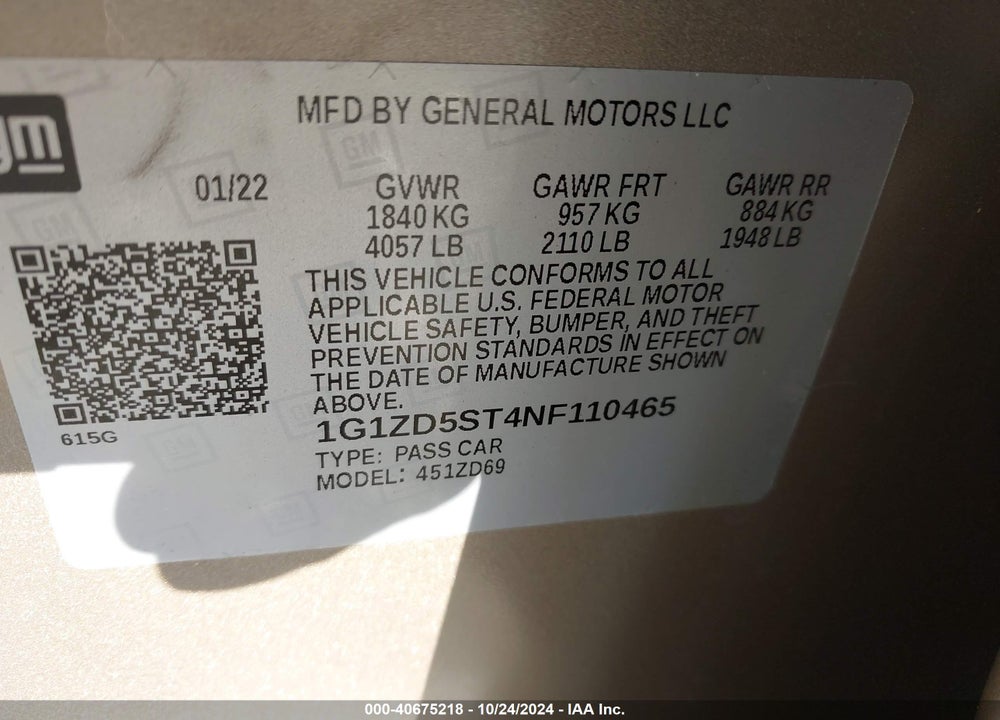 2022 CHEVROLET MALIBU FWD LT VIN: 1G1ZD5ST4NF110465