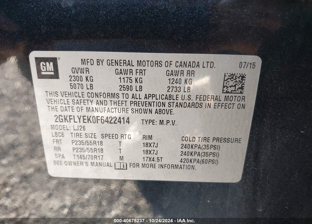 2015 GMC TERRAIN SLT-2 VIN: 2GKFLYEK0F6422414