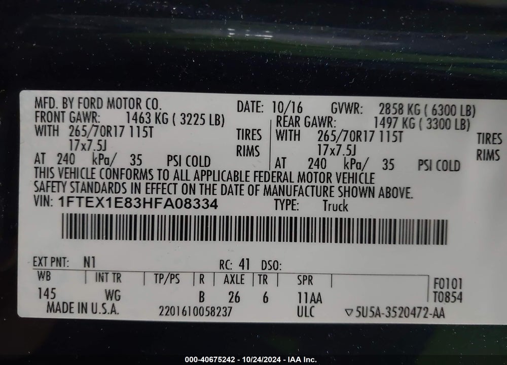 2017 FORD F-150 XL VIN: 1FTEX1E83HFA08334
