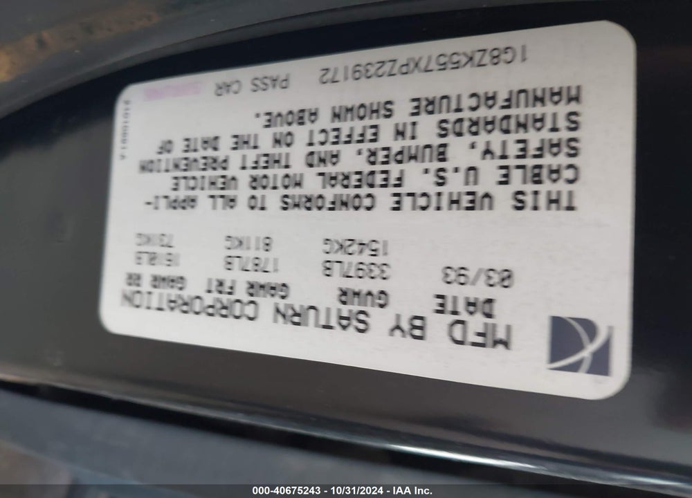1993 SATURN SL2 VIN: 1G8ZK557XPZ239172