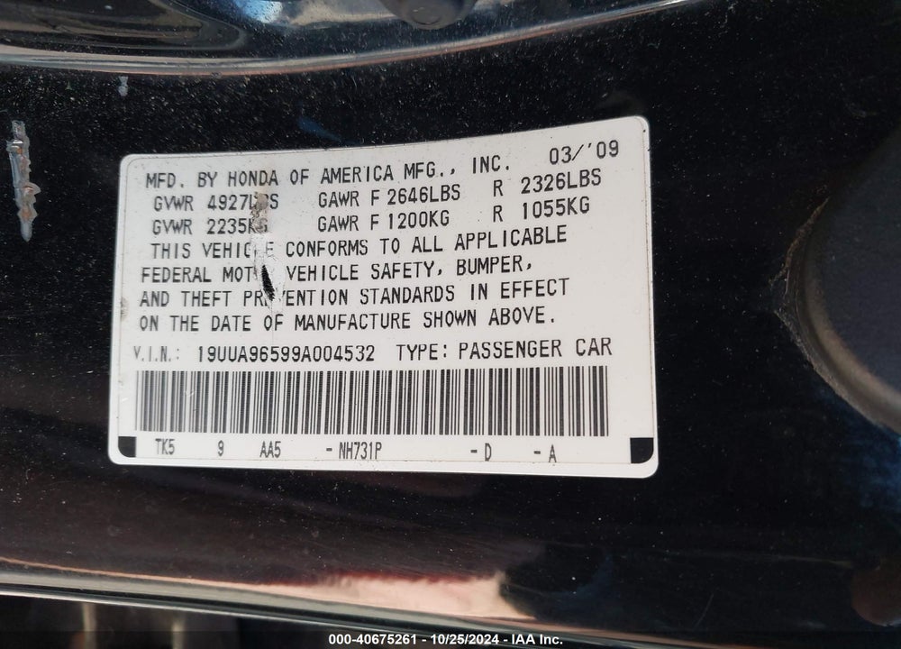 2009 ACURA TL 3.7 VIN: 19UUA96599A004532