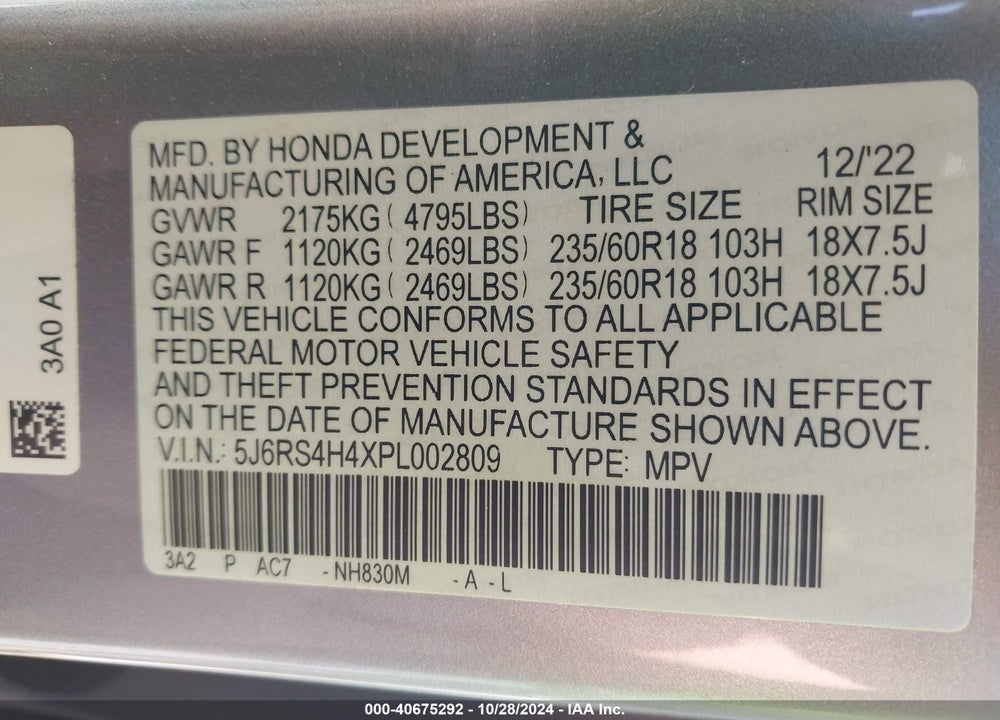 2023 HONDA CR-V EX AWD VIN: 5J6RS4H4XPL002809