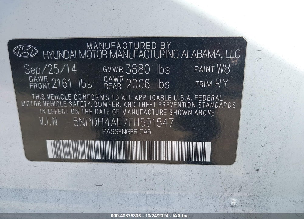 2015 HYUNDAI ELANTRA SE VIN: 5NPDH4AE7FH591547